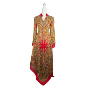 Indian Ethnic Paisley Red Green Flowy Traditional Asymmetrical Dress Size Medium